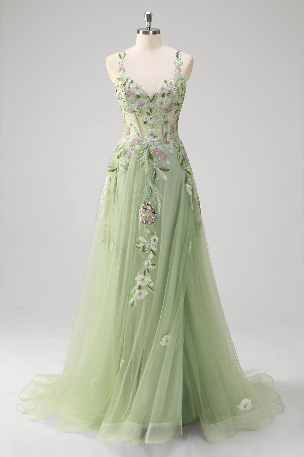 Green A Line Tulle Sequin Applique Corset Embroidered Long Prom Dress with Slit