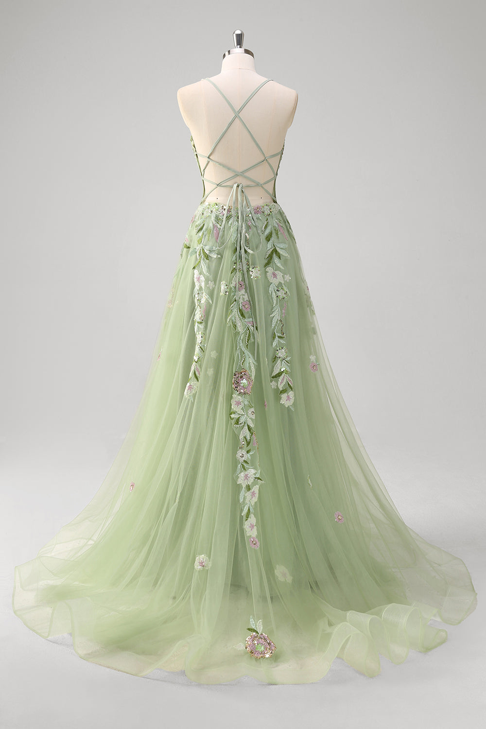 Green A Line Tulle Sequin Applique Corset Embroidered Long Prom Dress with Slit