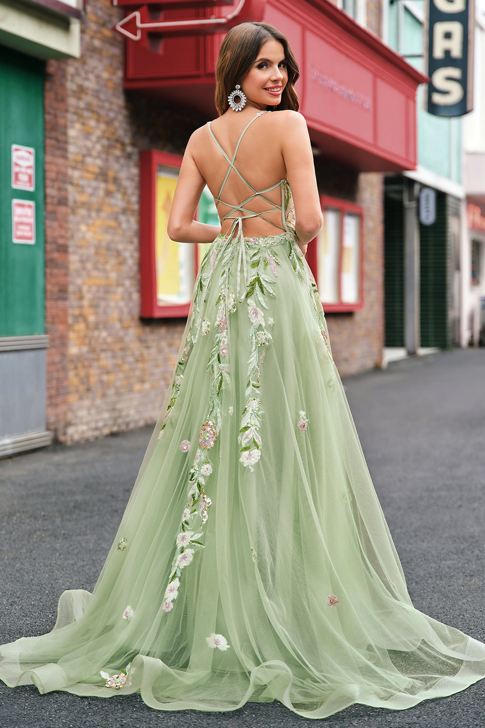 Green A Line Tulle Sequin Applique Corset Embroidered Long Prom Dress with Slit