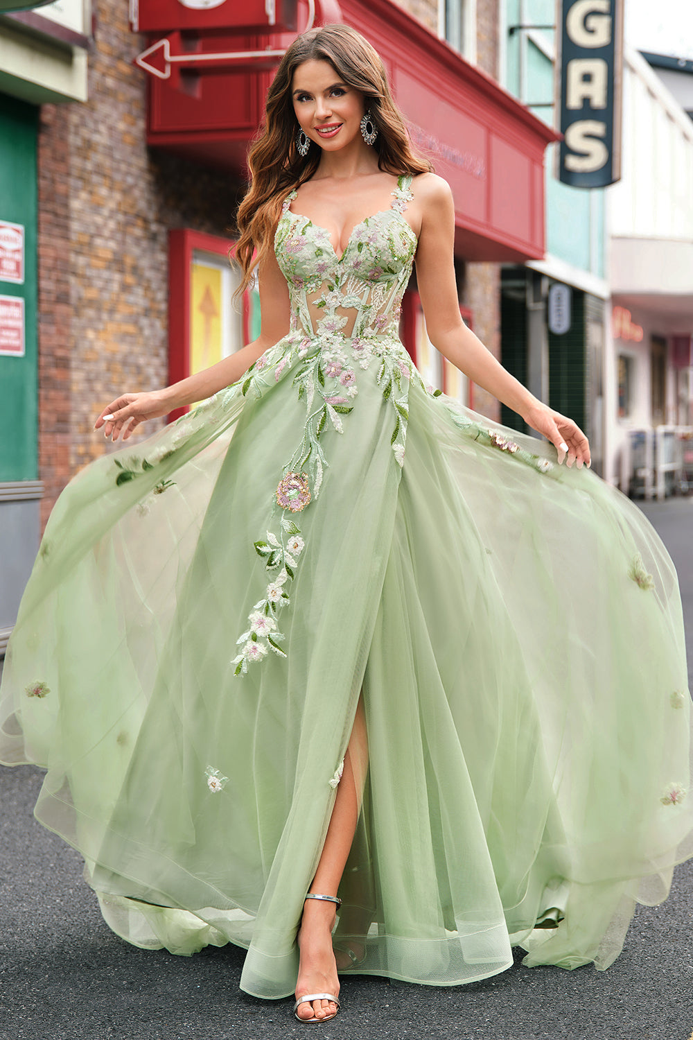 Green A Line Tulle Sequin Applique Corset Embroidered Long Prom Dress with Slit