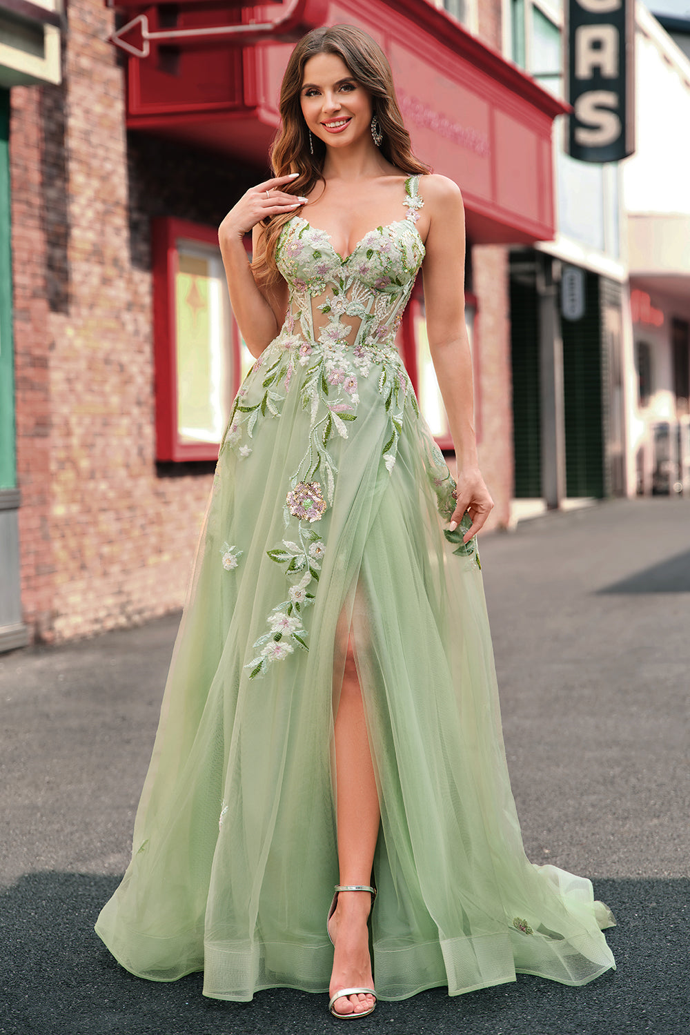 Green A Line Tulle Sequin Applique Corset Embroidered Long Prom Dress with Slit