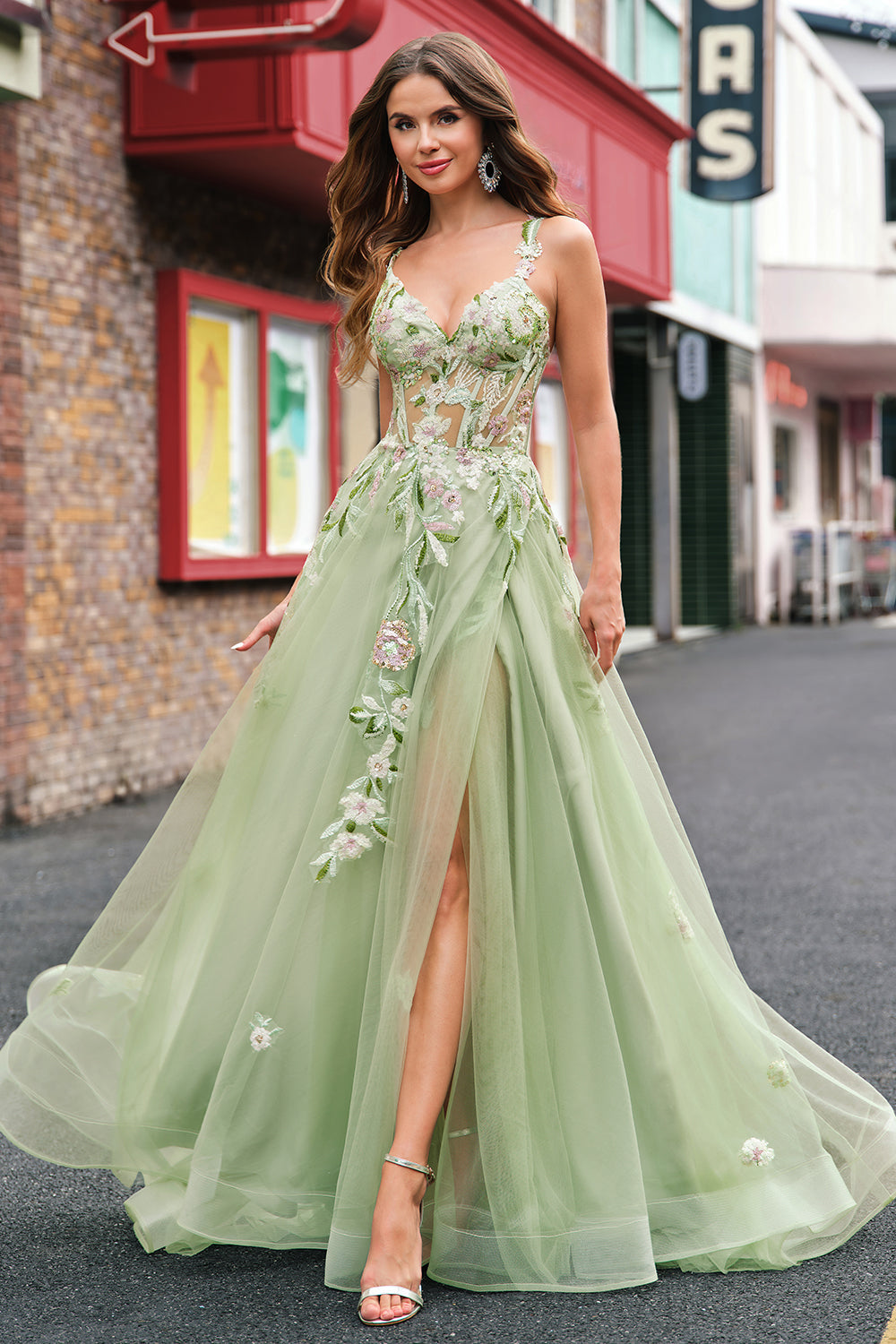 Green A Line Tulle Sequin Applique Corset Embroidered Long Prom Dress with Slit