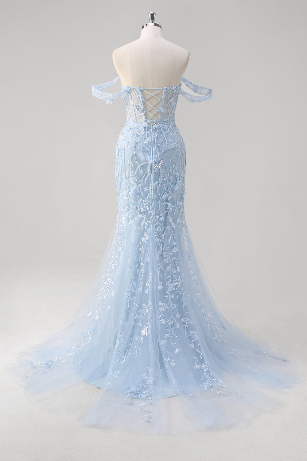 Mermaid Applique Off the Shoulder Corset Blue Prom Dress
