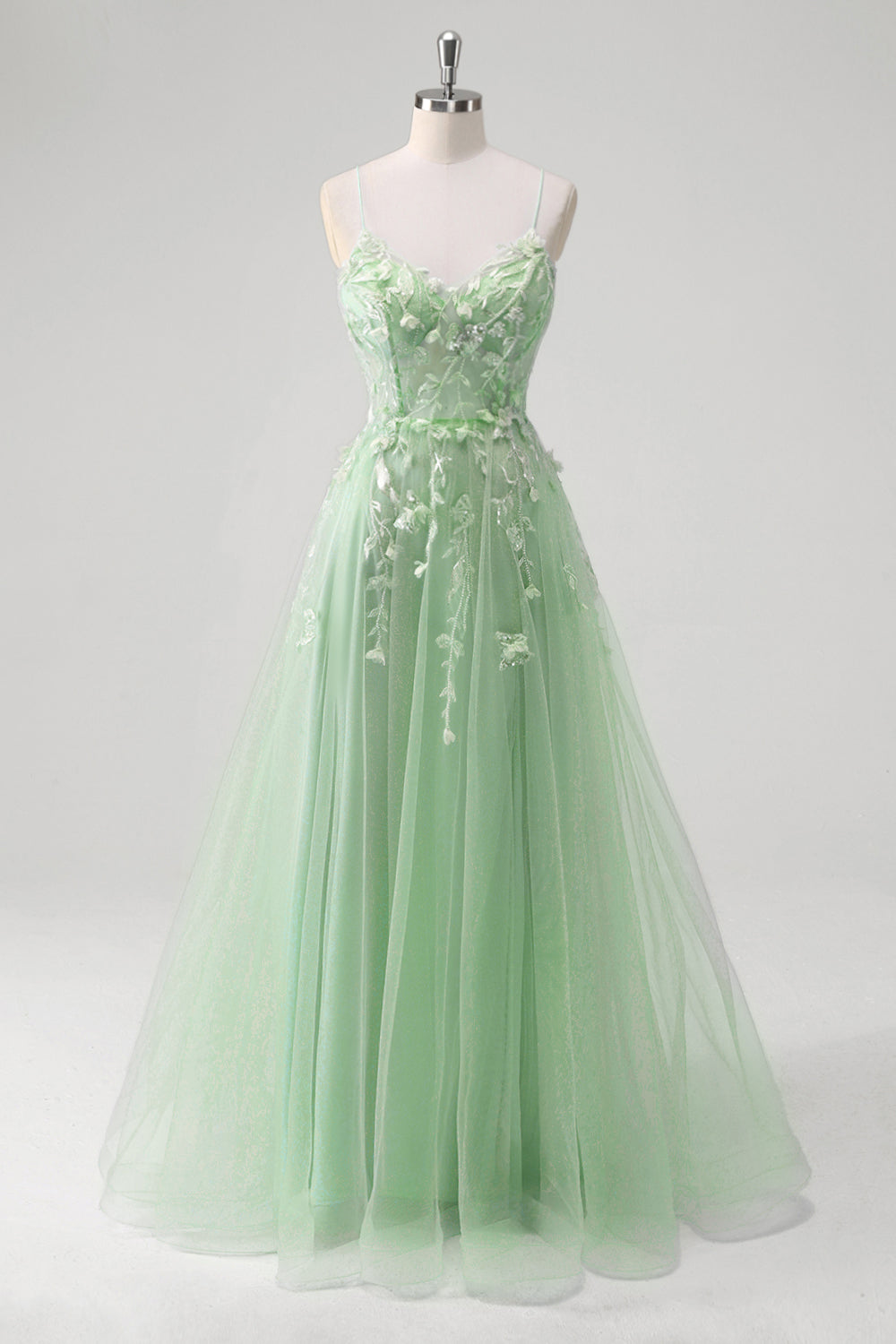 A Line Tulle Spaghetti Straps Corset Applique Blue Prom Dress with Slit