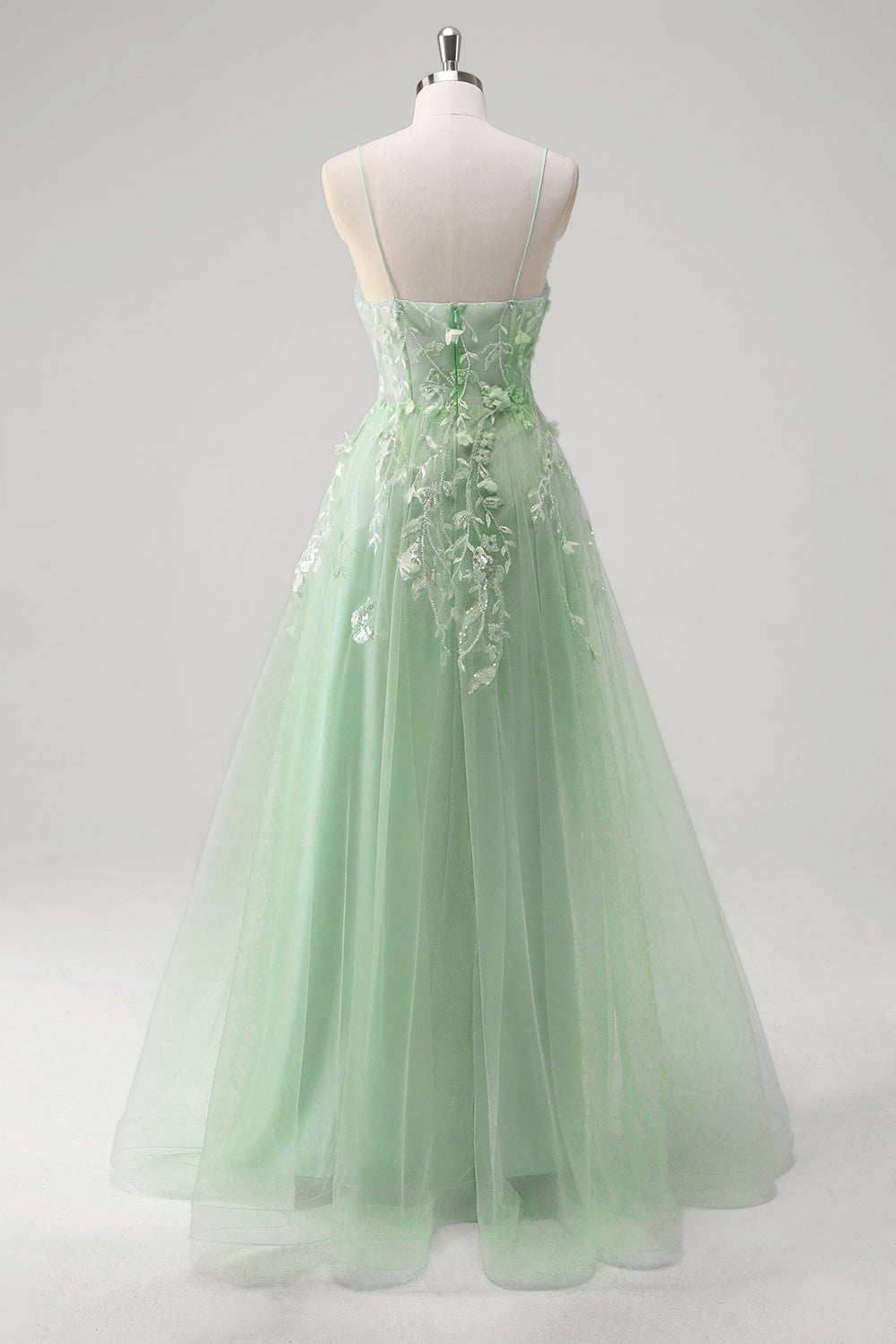 A Line Tulle Spaghetti Straps Corset Applique Blue Prom Dress with Slit