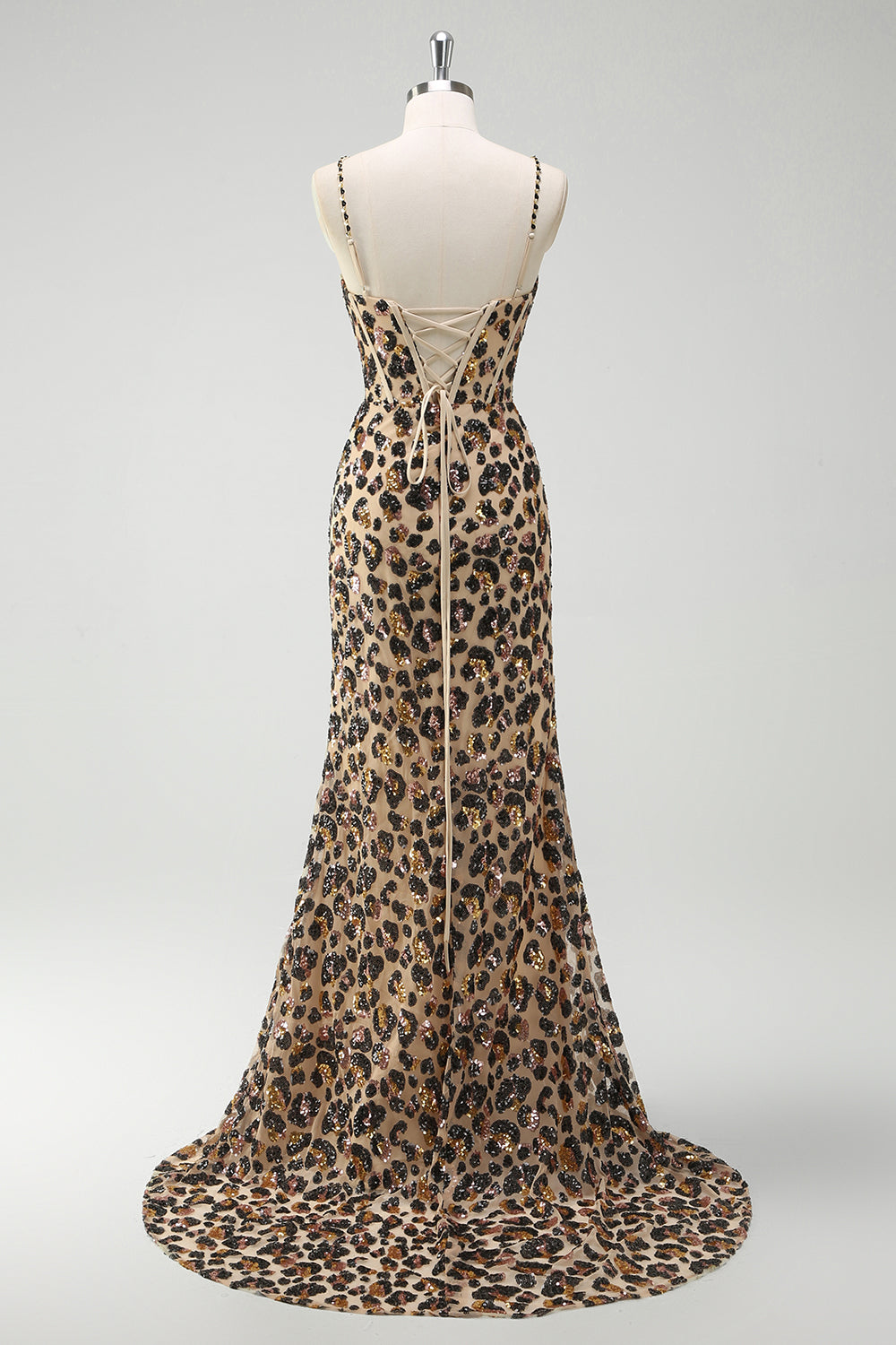 Khaki Leopard Sequins Mermaid Spaghetti Straps Long Corset Prom Dress with Slit