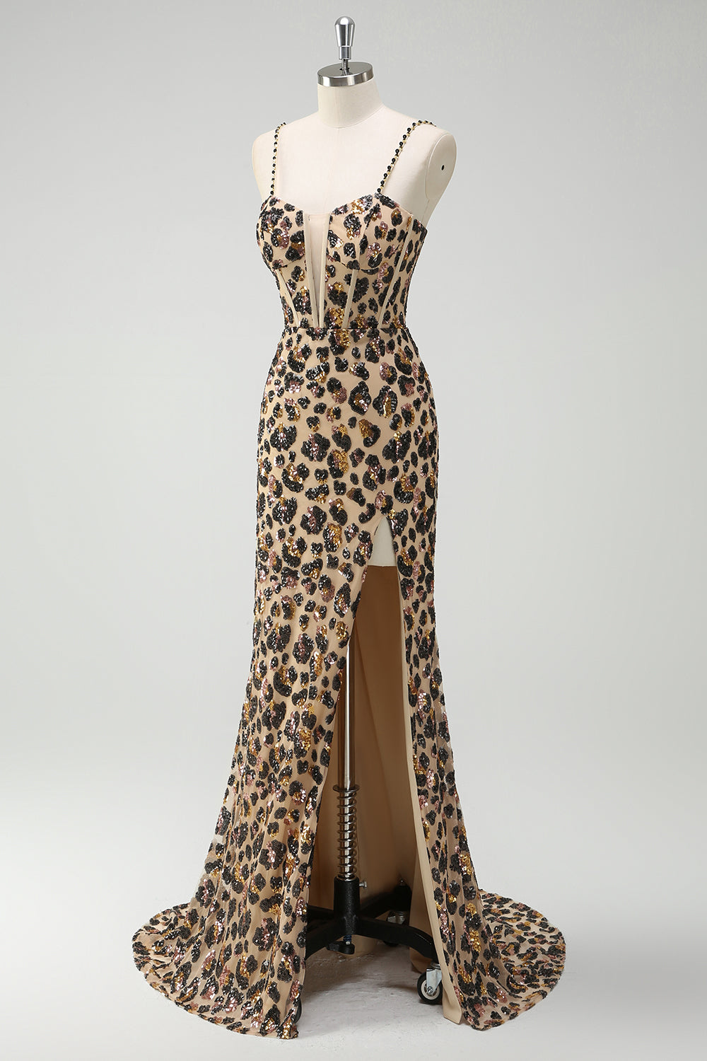 Khaki Leopard Sequins Mermaid Spaghetti Straps Long Corset Prom Dress with Slit