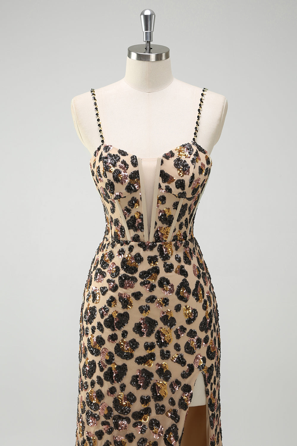 Khaki Leopard Sequins Mermaid Spaghetti Straps Long Corset Prom Dress with Slit