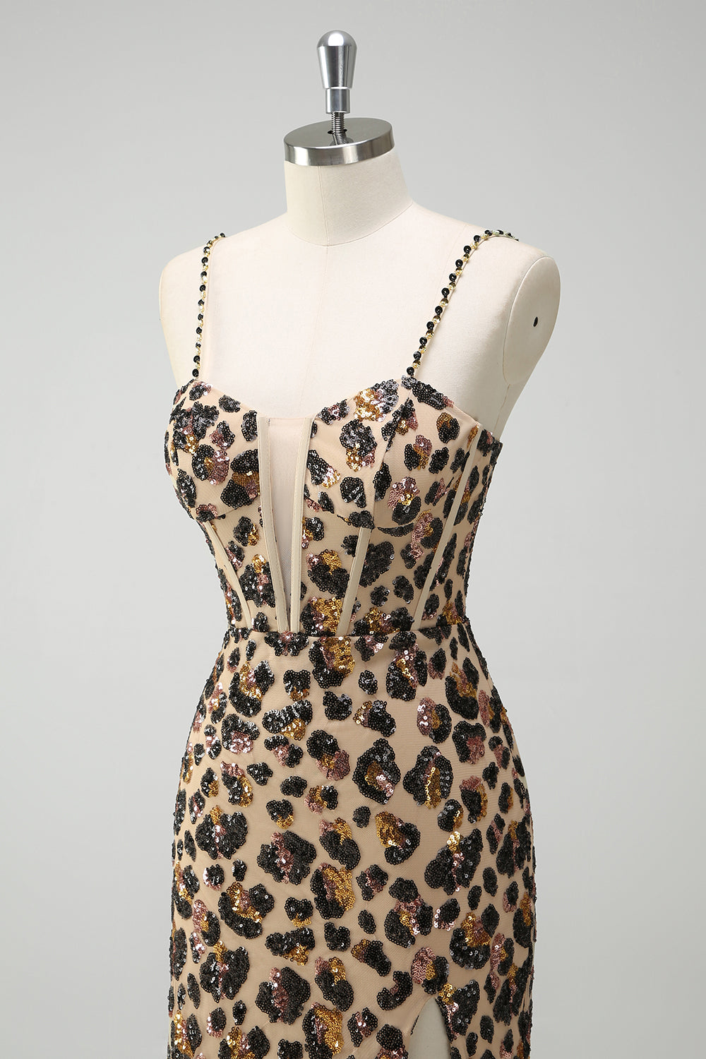 Khaki Leopard Sequins Mermaid Spaghetti Straps Long Corset Prom Dress with Slit