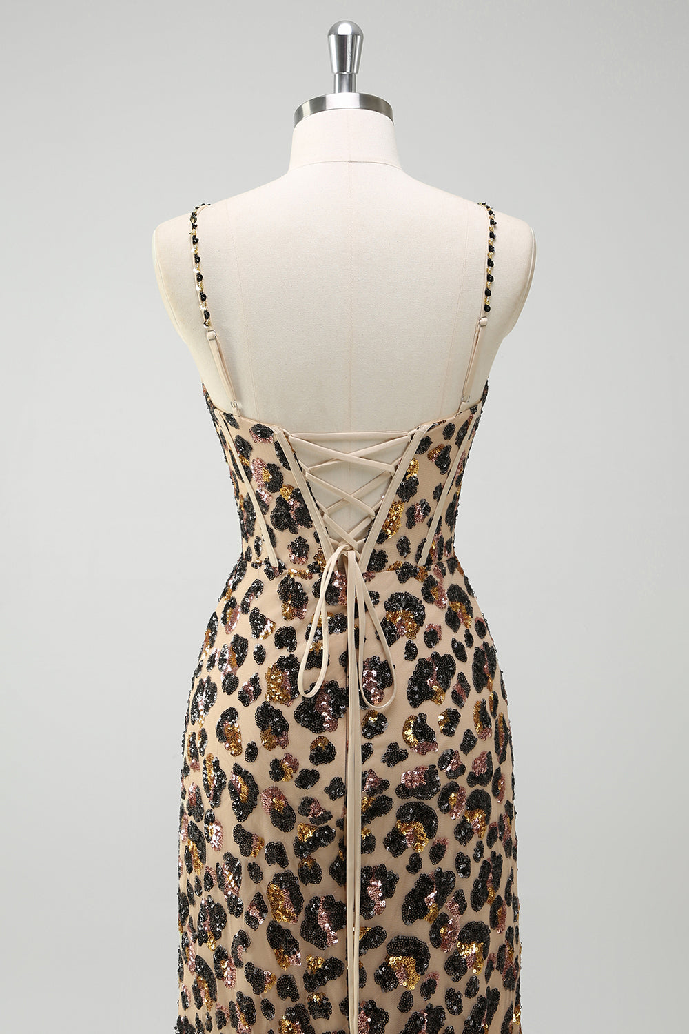 Khaki Leopard Sequins Mermaid Spaghetti Straps Long Corset Prom Dress with Slit