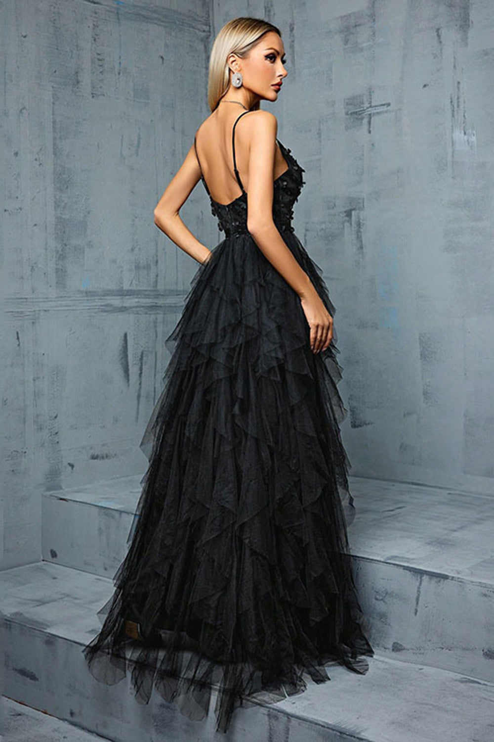 Sparkly Spaghetti Straps Grey Blue Tulle A Line Prom Dress