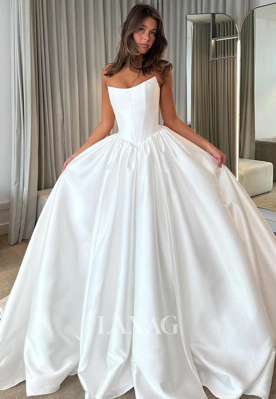A-Line Scoop-Neck Pleated Satin Bride Gowns Off-Shoulder Sleeveless Wedding Dress with Train