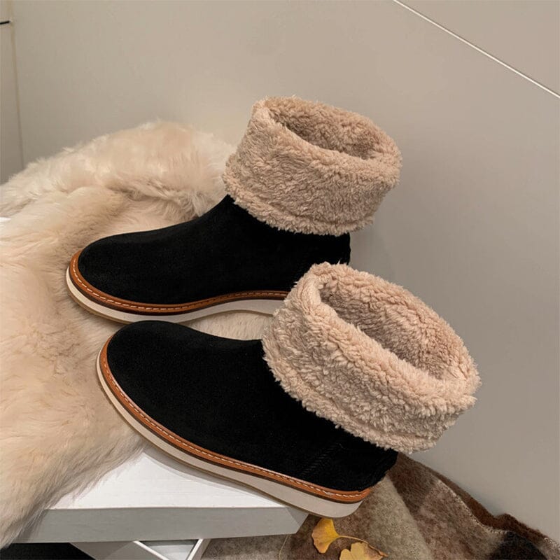 Women's Snow Boots for Cold Winter Retro Leather Mid Calf Boots in Black/Brown