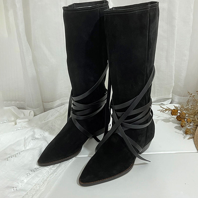 Womens Leather Mid Calf Western Boots In Black/Khaki/Brown/Tan - Slouchy Suede Boots Point Toe