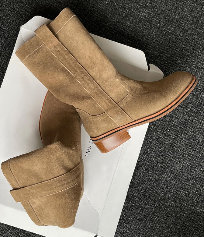 Womens Suede��Leather Mid Calf Boots In Black/Khaki