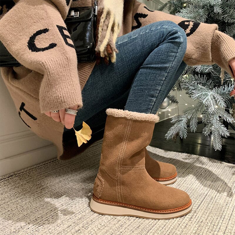 Women's Snow Boots for Cold Winter Retro Leather Mid Calf Boots in Black/Brown