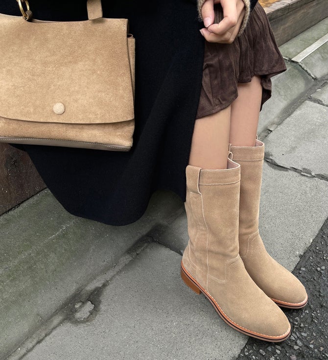 Womens Suede��Leather Mid Calf Boots In Black/Khaki