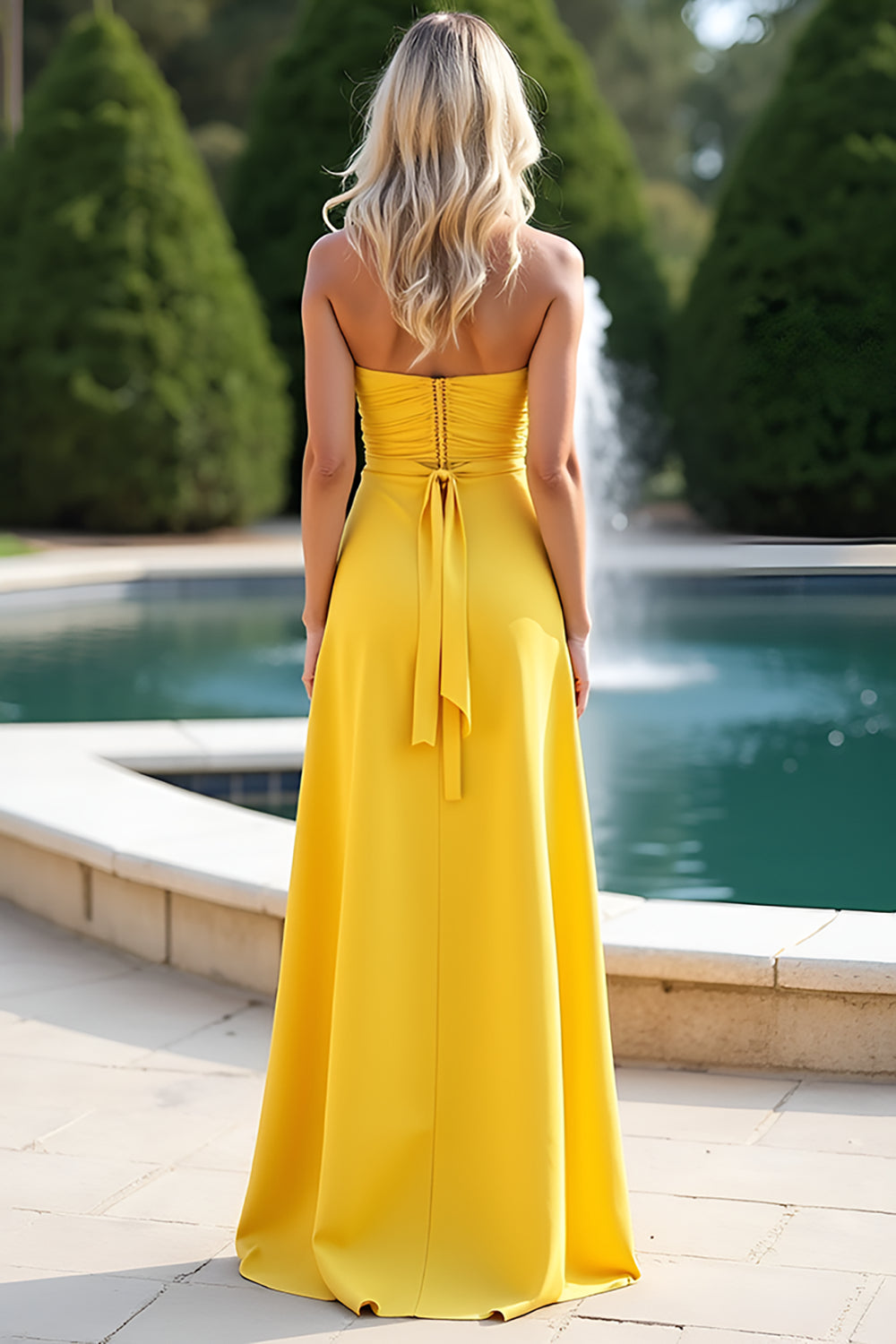 Yellow Sweetheart Ruched High-Slit Sheath Bridesmaid Dress with Back Tie