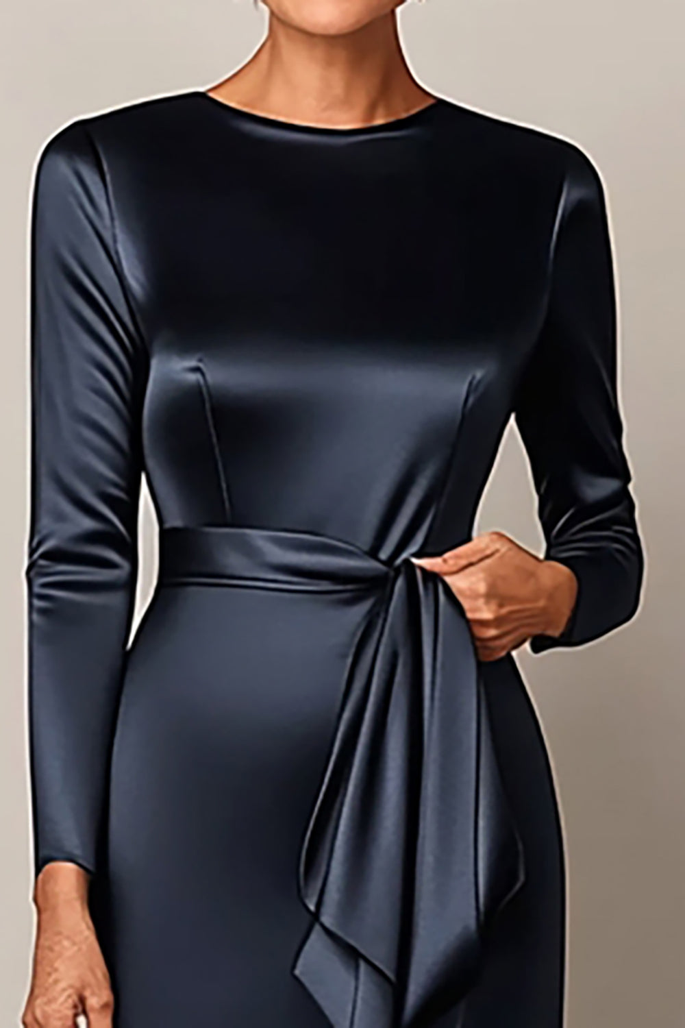 Elegant Navy Bodycon Long Sleeves Satin Mother Of Bride Dress With Streamer