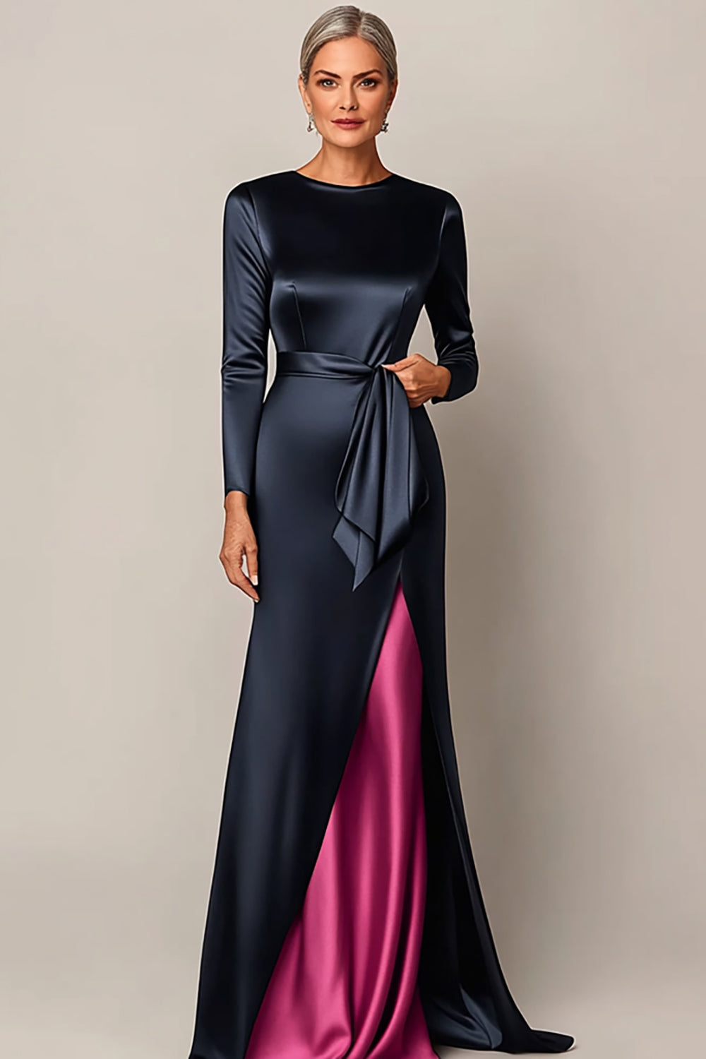 Elegant Navy Bodycon Long Sleeves Satin Mother Of Bride Dress With Streamer