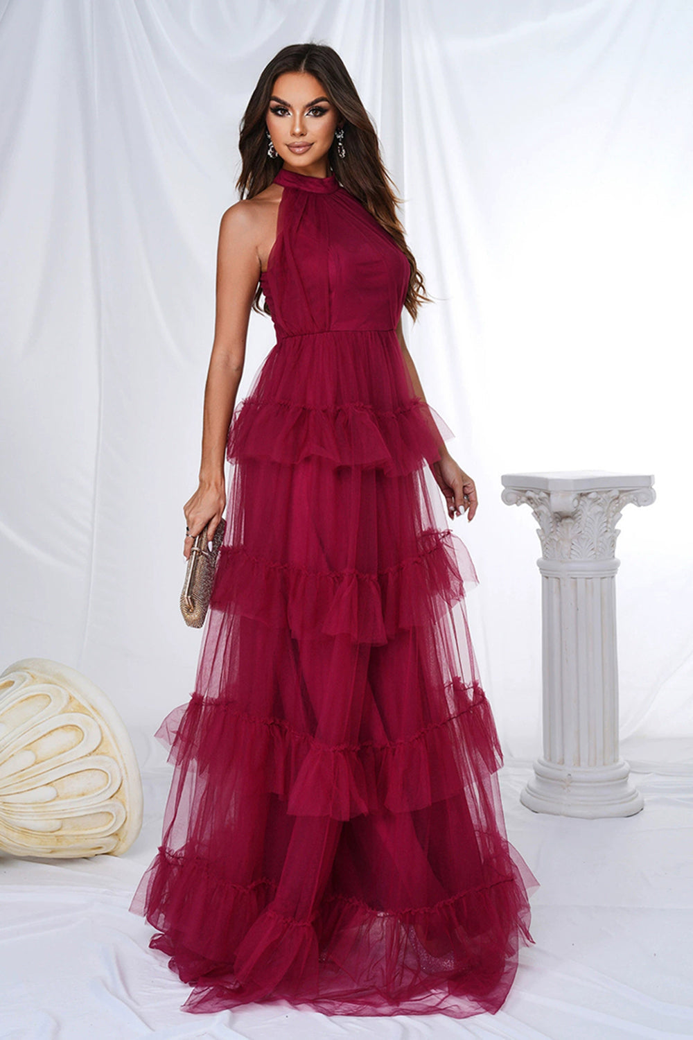 Burgundy A Line Tulle Halter Tiered Long Wedding Guest Dress