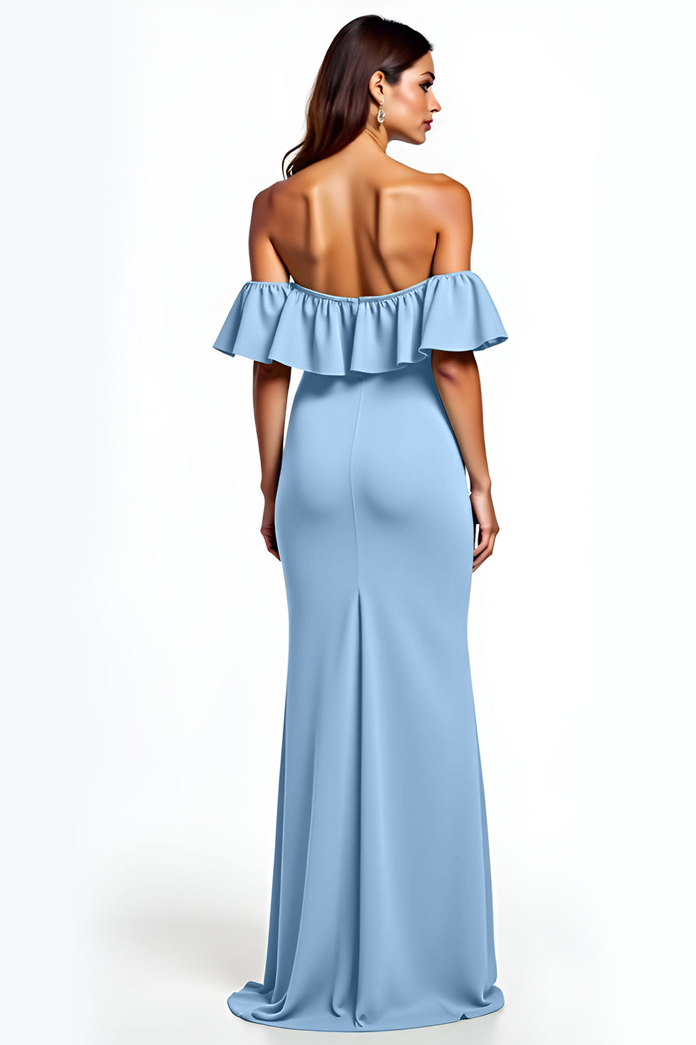 Dusty Blue Mermaid Ruffle Off the Shoulder Long Wedding Guest Dress with Slit