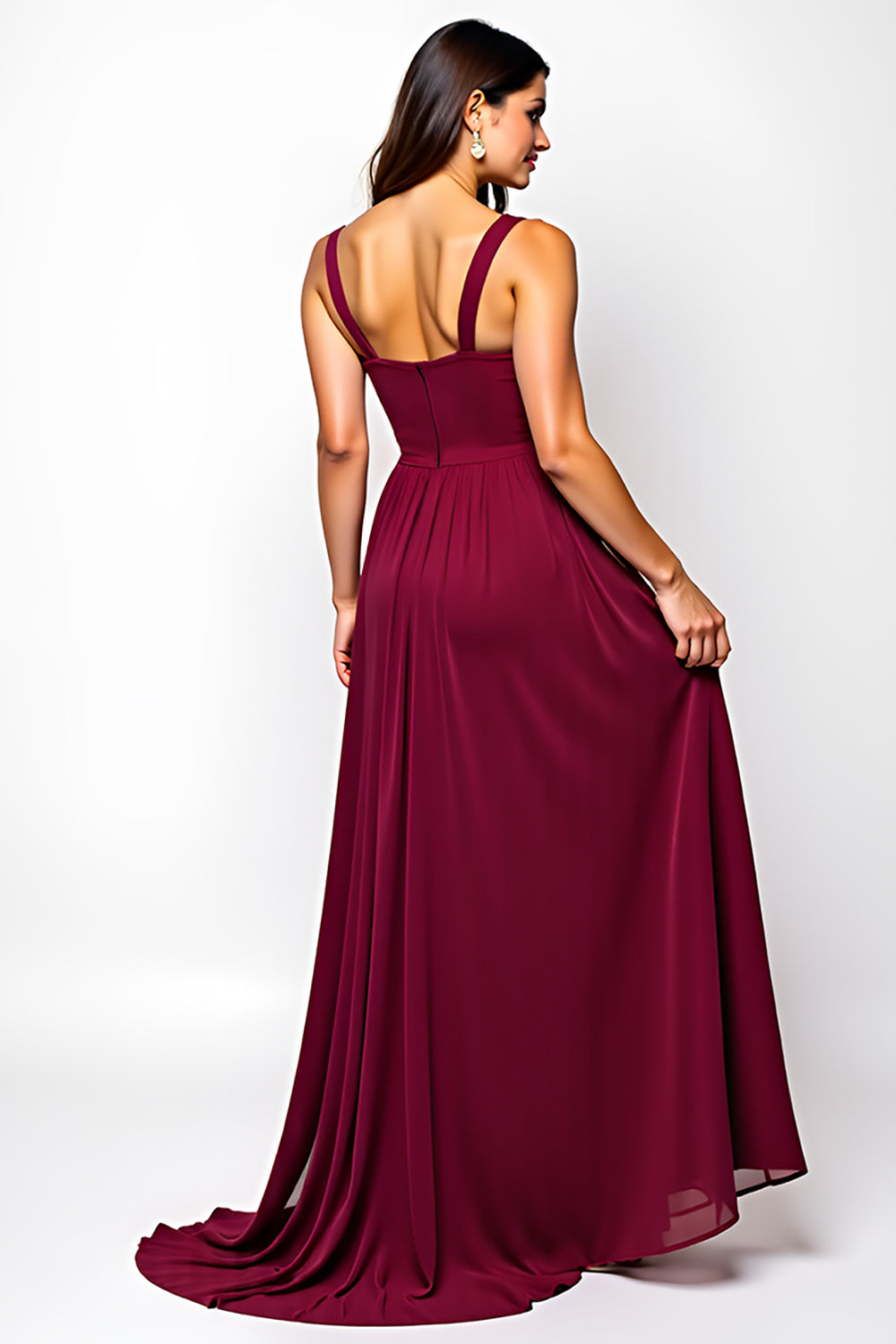 Burgundy A-Line Sweetheart Ruched Chiffon Long Wedding Guest Dress