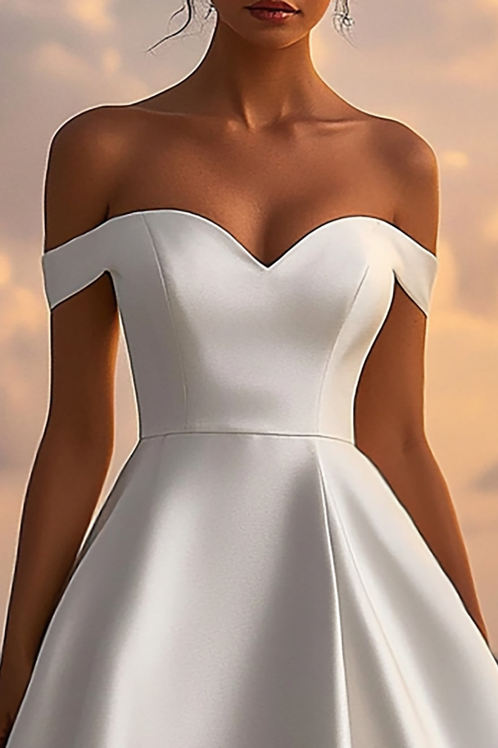 Satin Off The Shoulder Tea Length White Wedding Dress