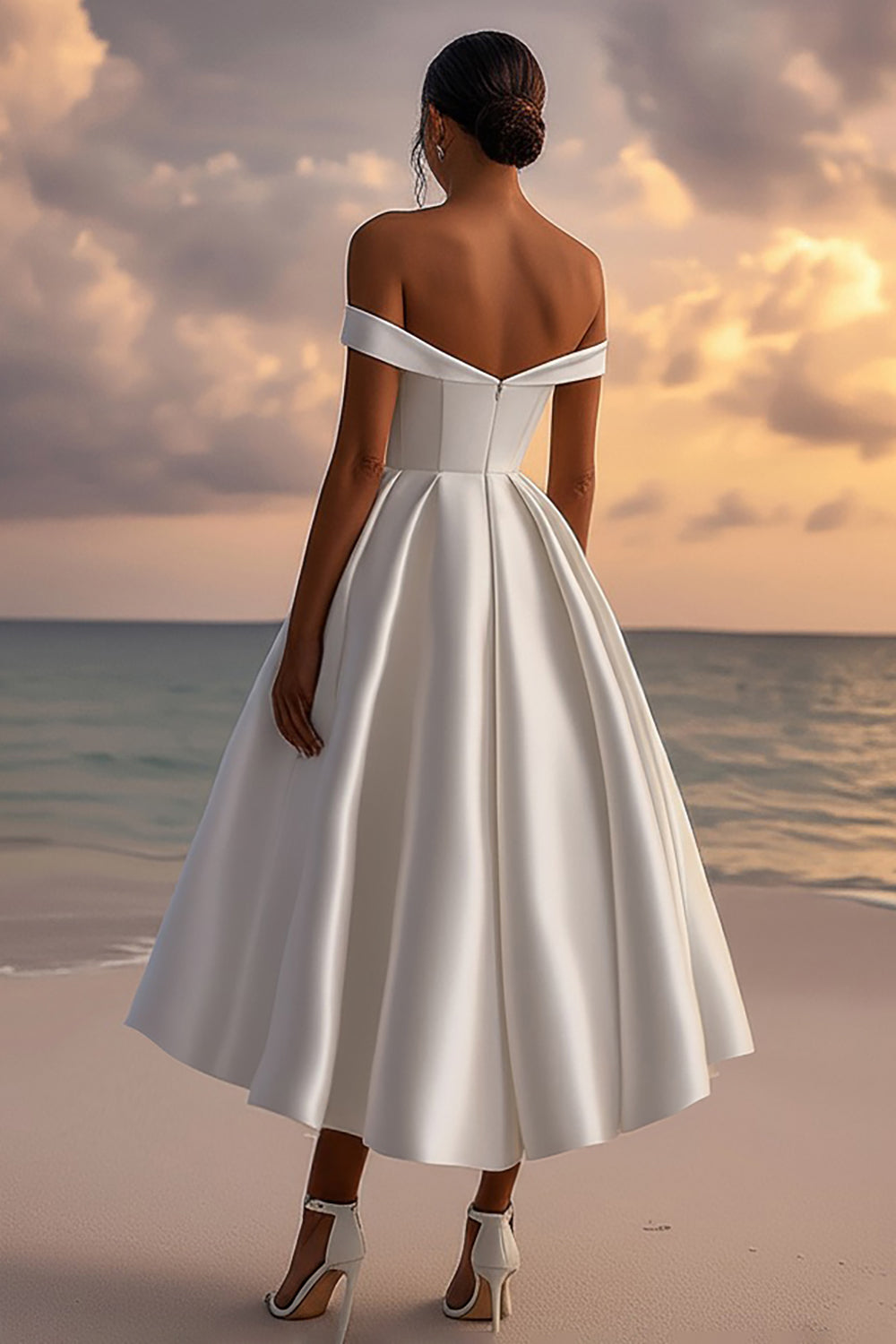 Satin Off The Shoulder Tea Length White Wedding Dress