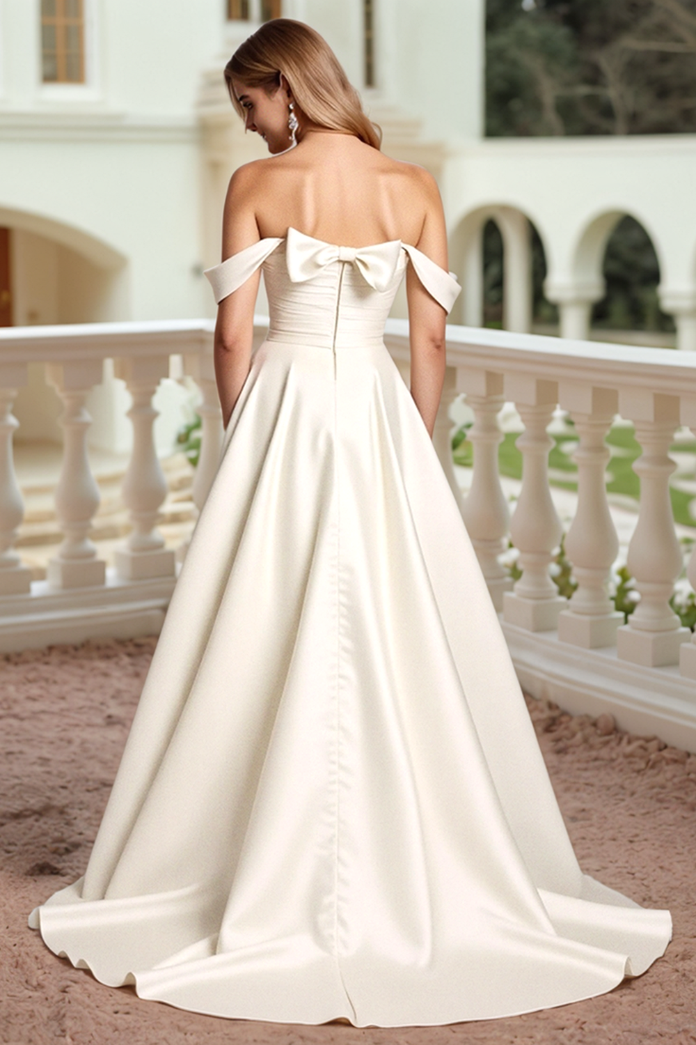 Satin A Line White Off the Shoulder Wedding Dress with Bow