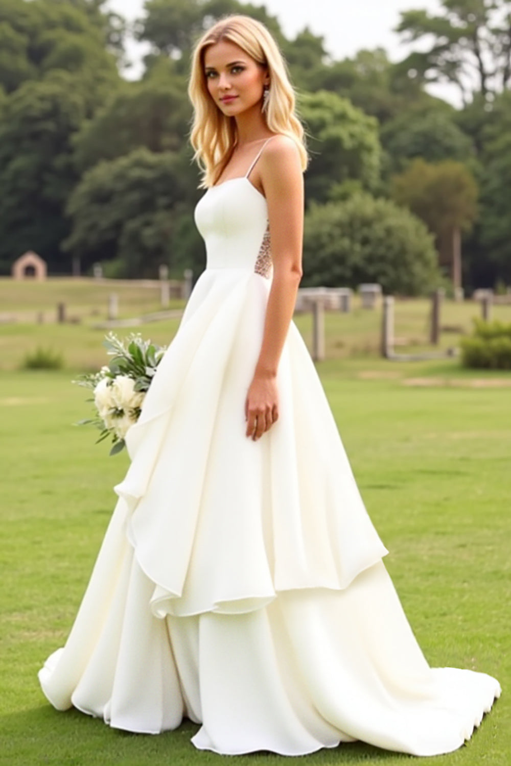 A Line Ruffled Ivory Spaghetti Straps Wedding Dress