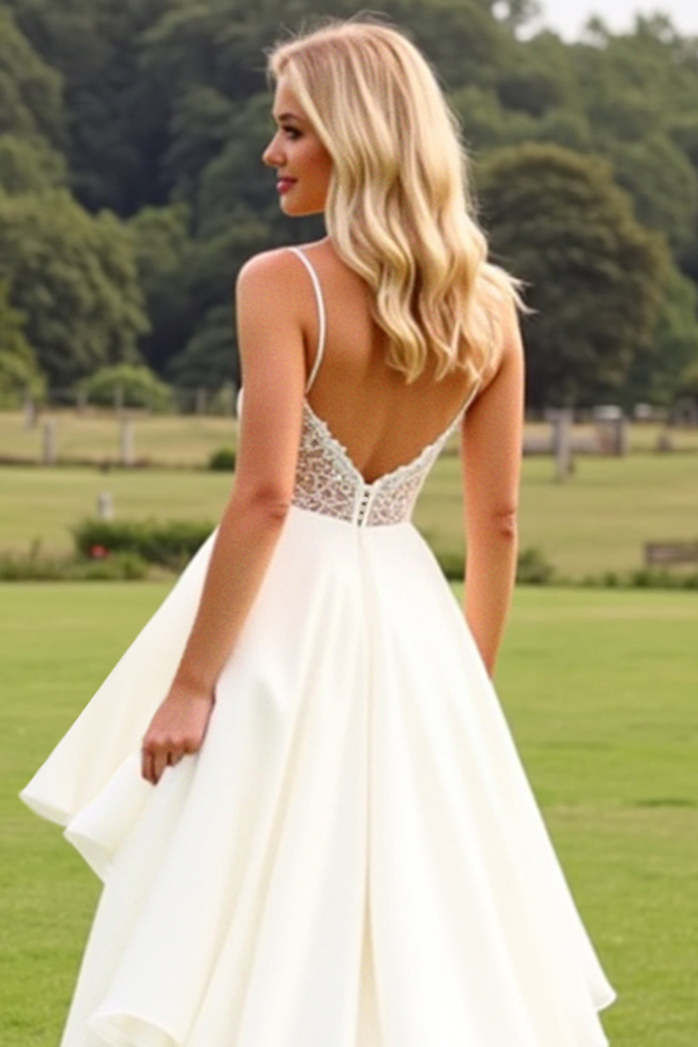 A Line Ruffled Ivory Spaghetti Straps Wedding Dress