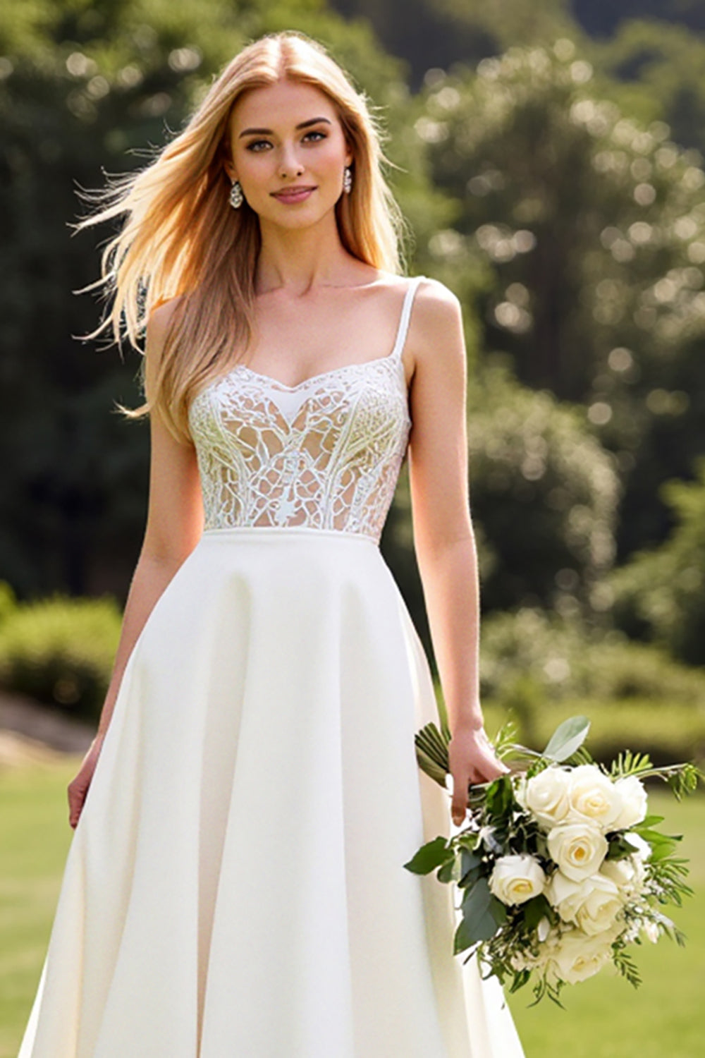 Lace Ivory A Line Spaghetti Straps Wedding Dress