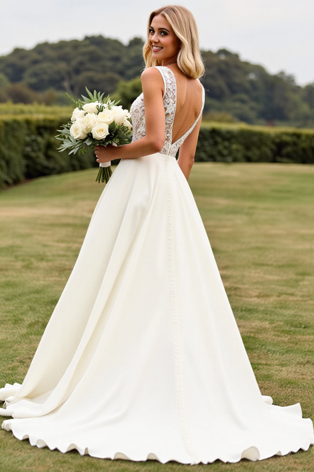 Ivory A Line Lace V Neck Wedding Dress with Slit
