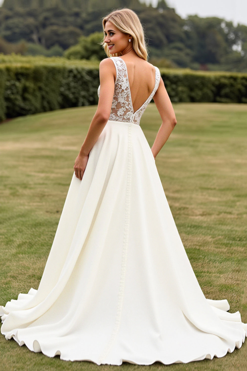 Ivory A Line Lace V Neck Wedding Dress with Slit