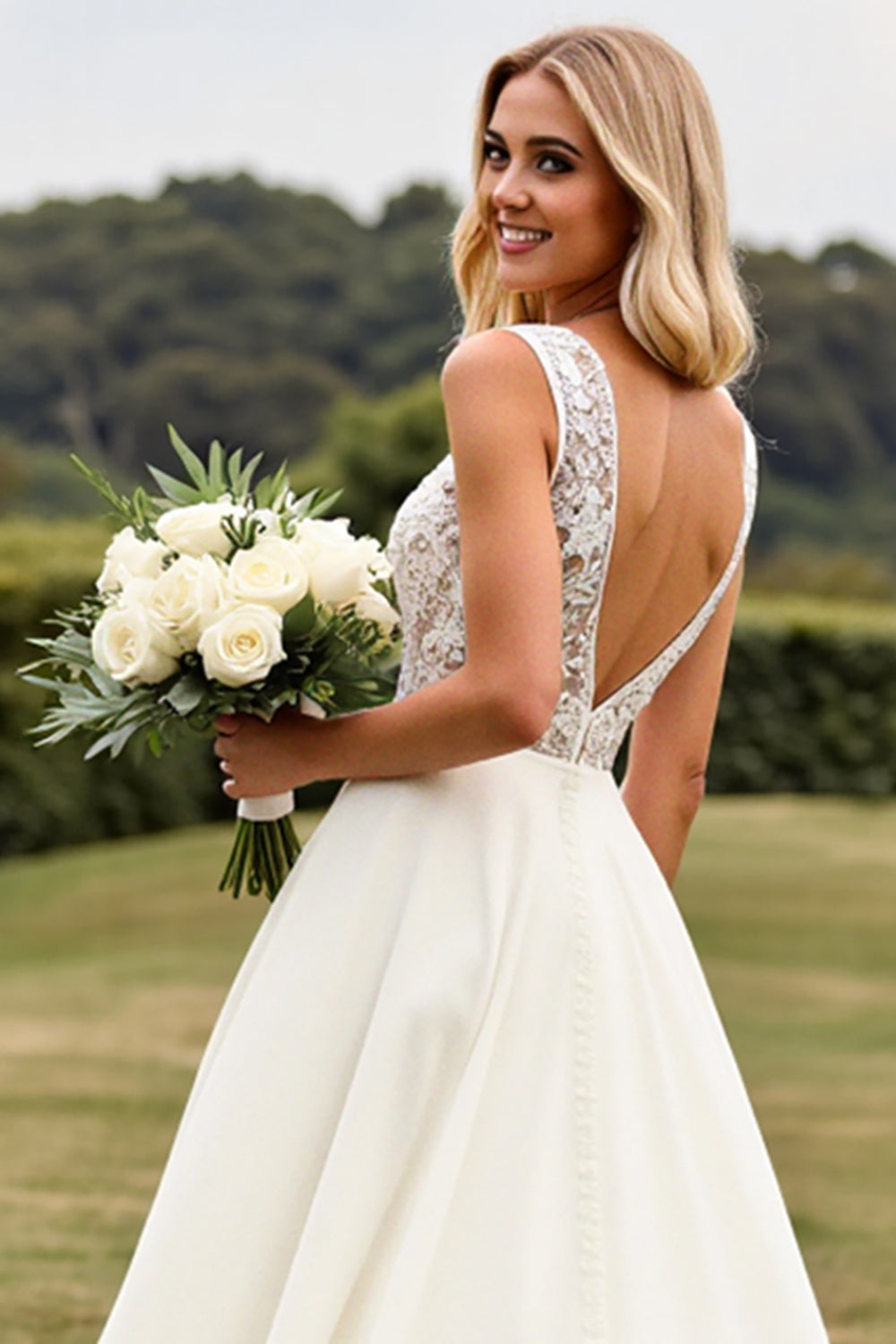 Ivory A Line Lace V Neck Wedding Dress with Slit