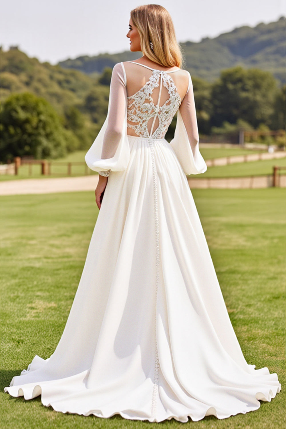 Ivory Long Sleeves Lace Wedding Dress with Appliques