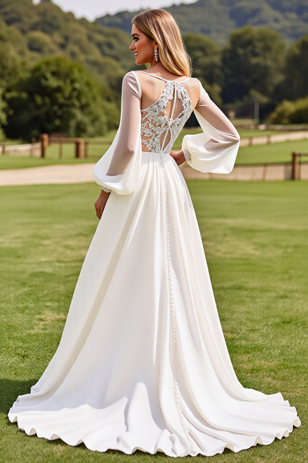 Ivory Long Sleeves Lace Wedding Dress with Appliques