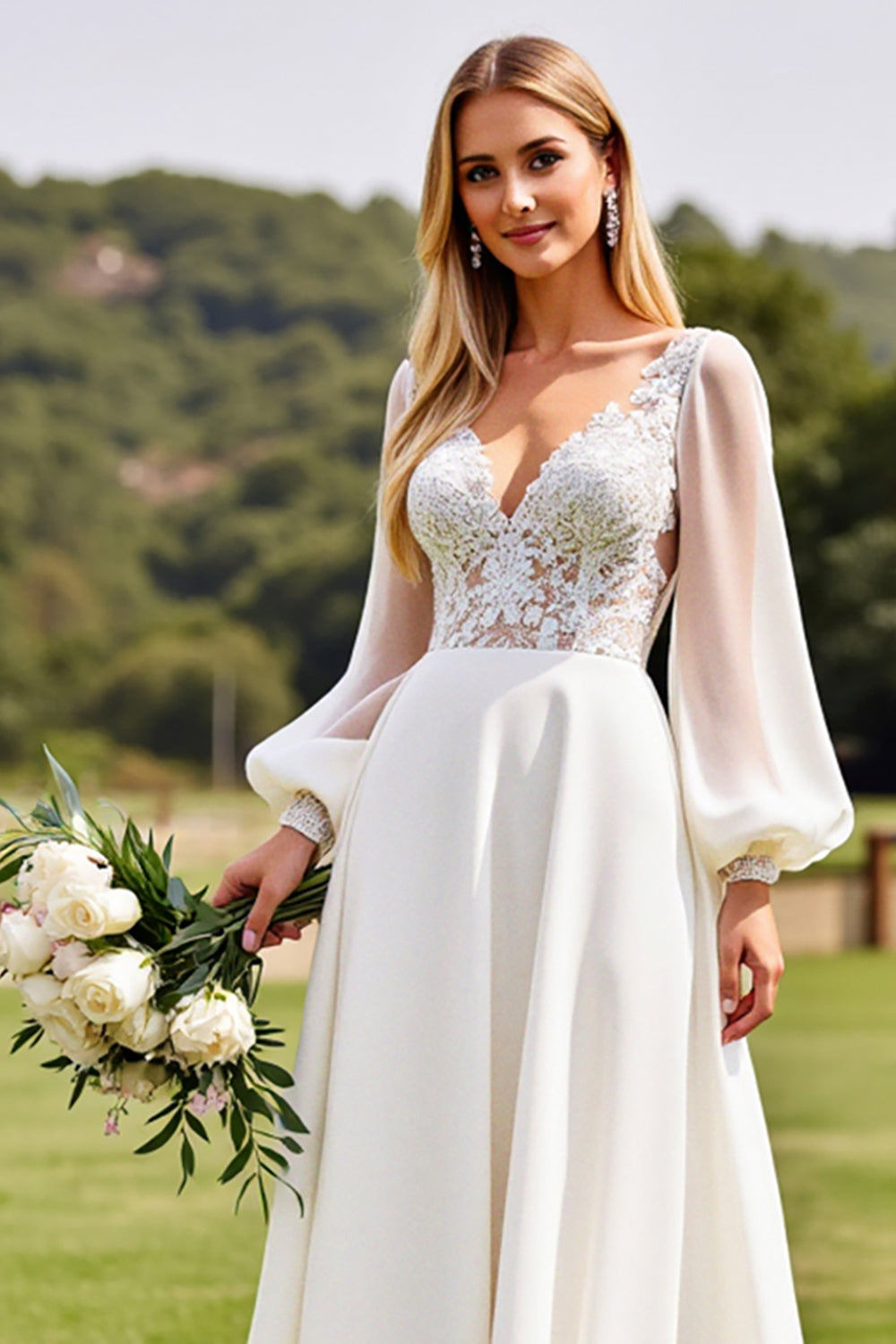 Ivory Long Sleeves Lace Wedding Dress with Appliques
