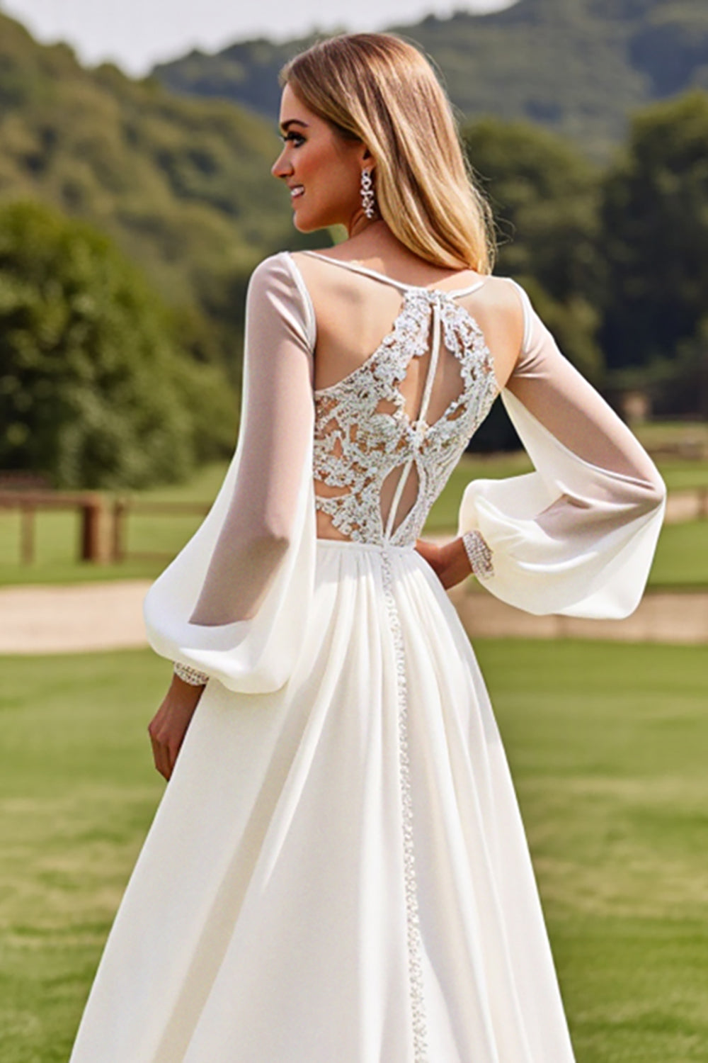 Ivory Long Sleeves Lace Wedding Dress with Appliques