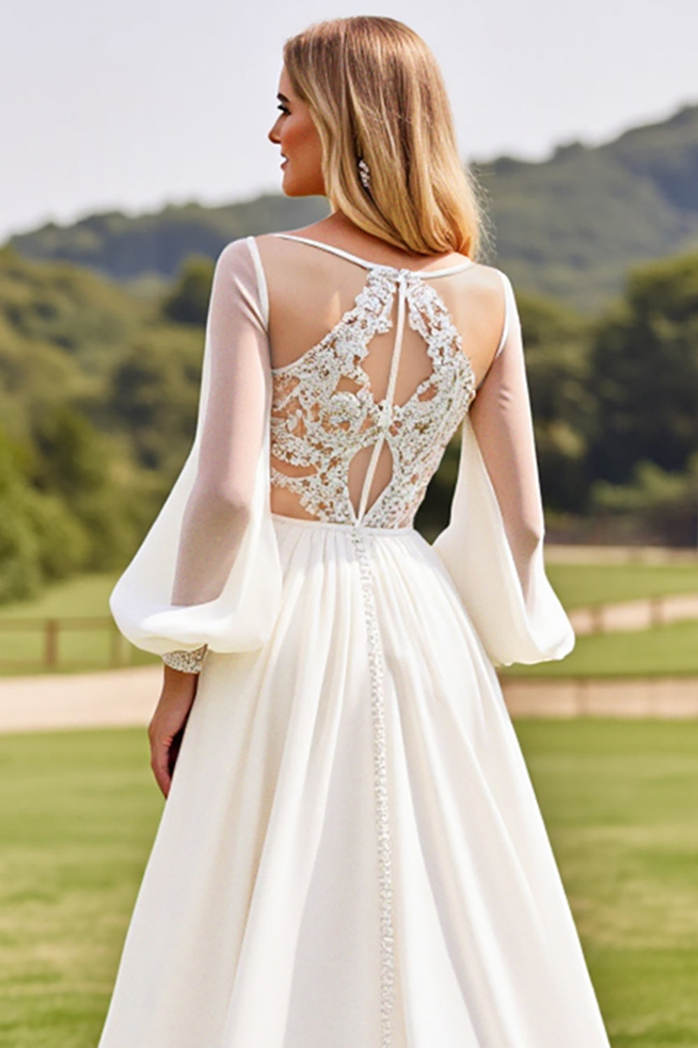 Ivory Long Sleeves Lace Wedding Dress with Appliques