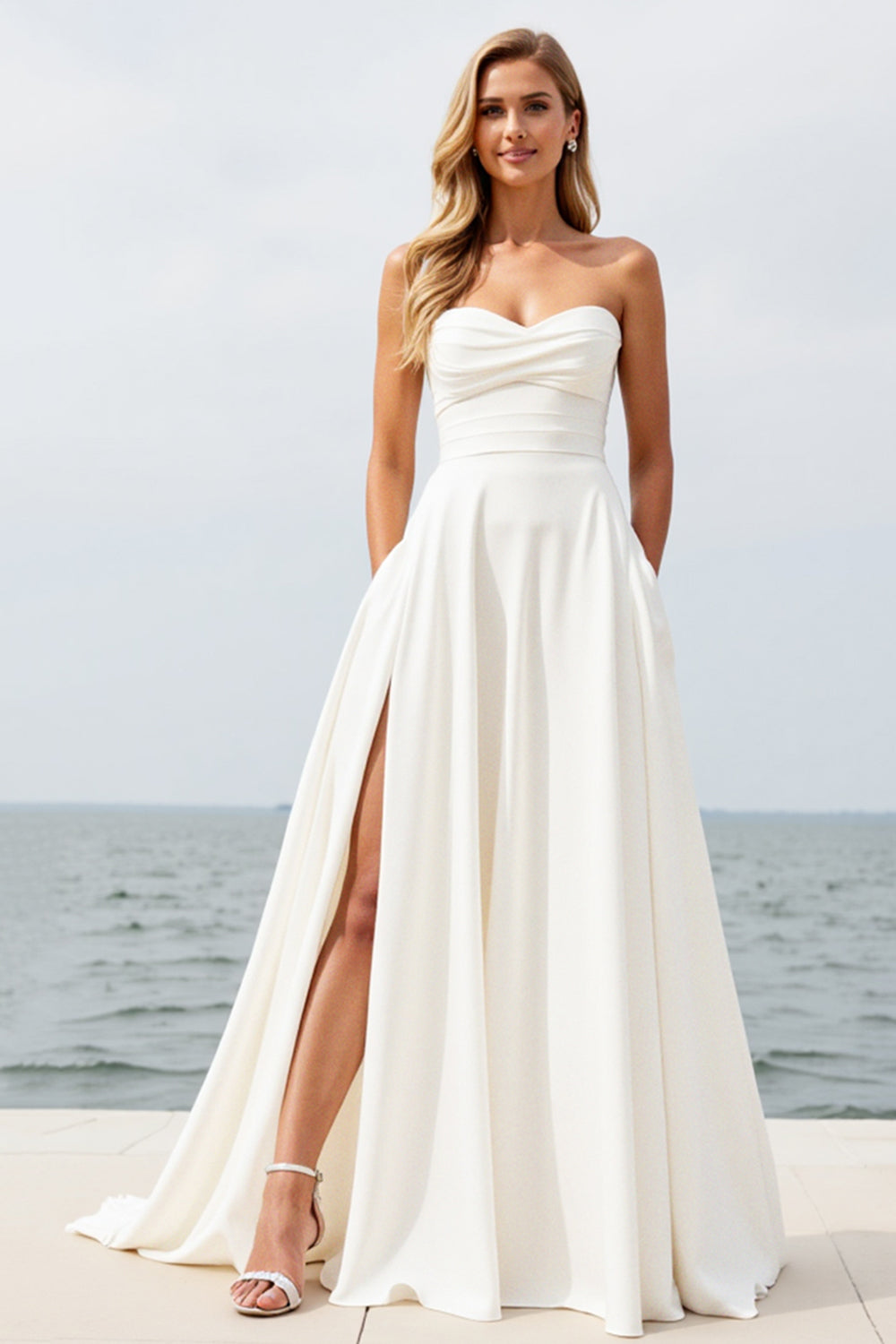 Ivory Strapless A Line Chiffon Beach Wedding Dress With Slit