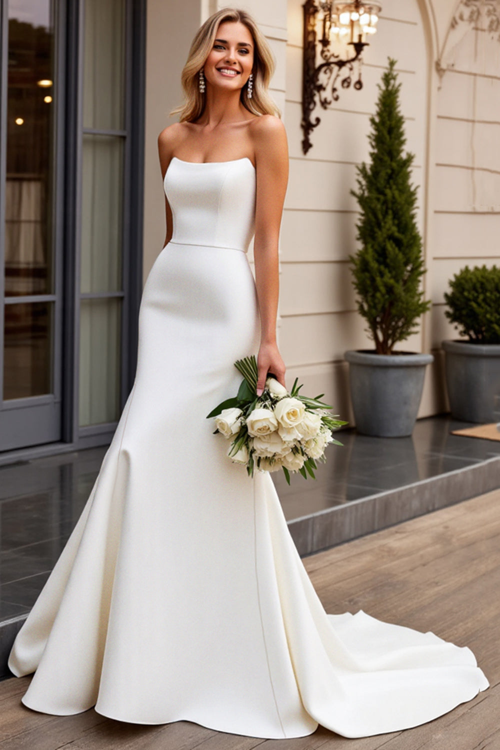 Elegant Strapless Mermaid Ivory Satin Wedding Dress