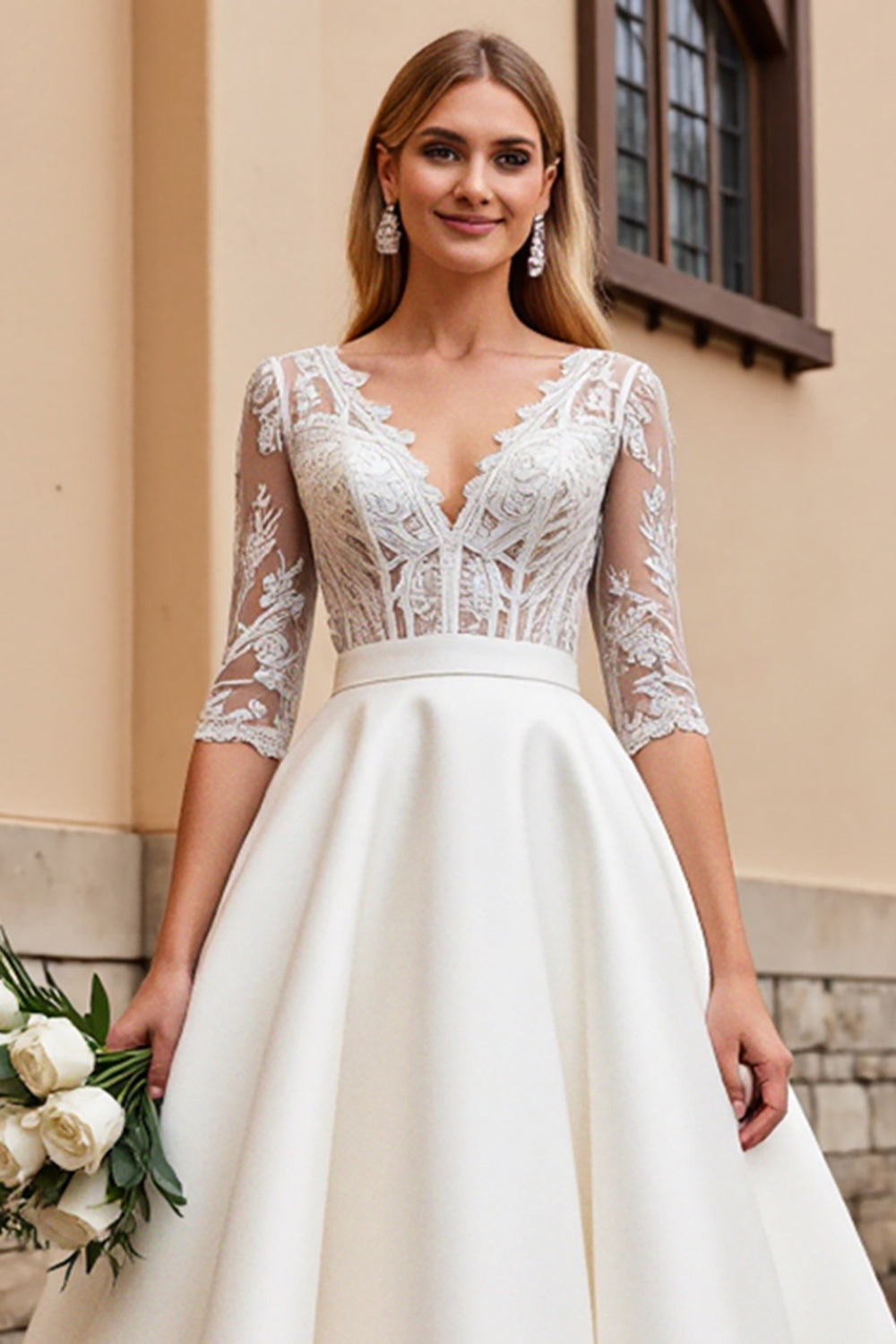 A Line Half Sleeves lvory Lace Long Wedding Dress