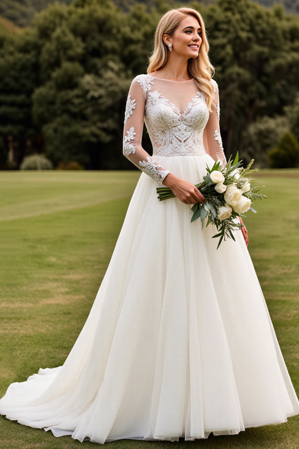 A Line Appliqued Long Sleeves lvory Wedding Dress