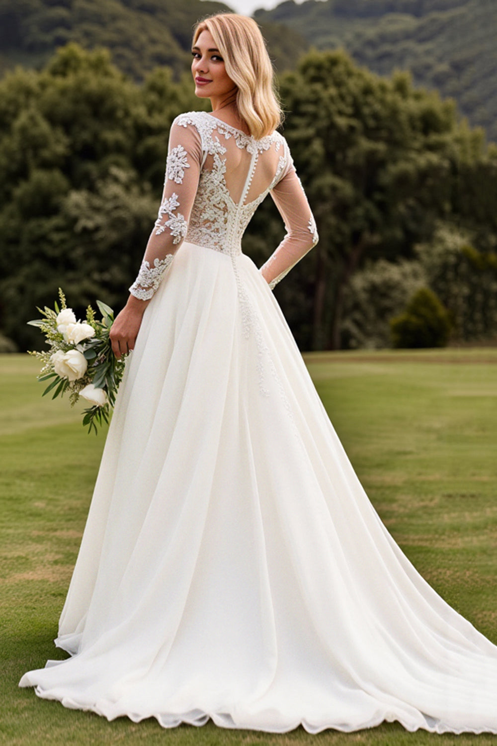A Line Appliqued Long Sleeves lvory Wedding Dress
