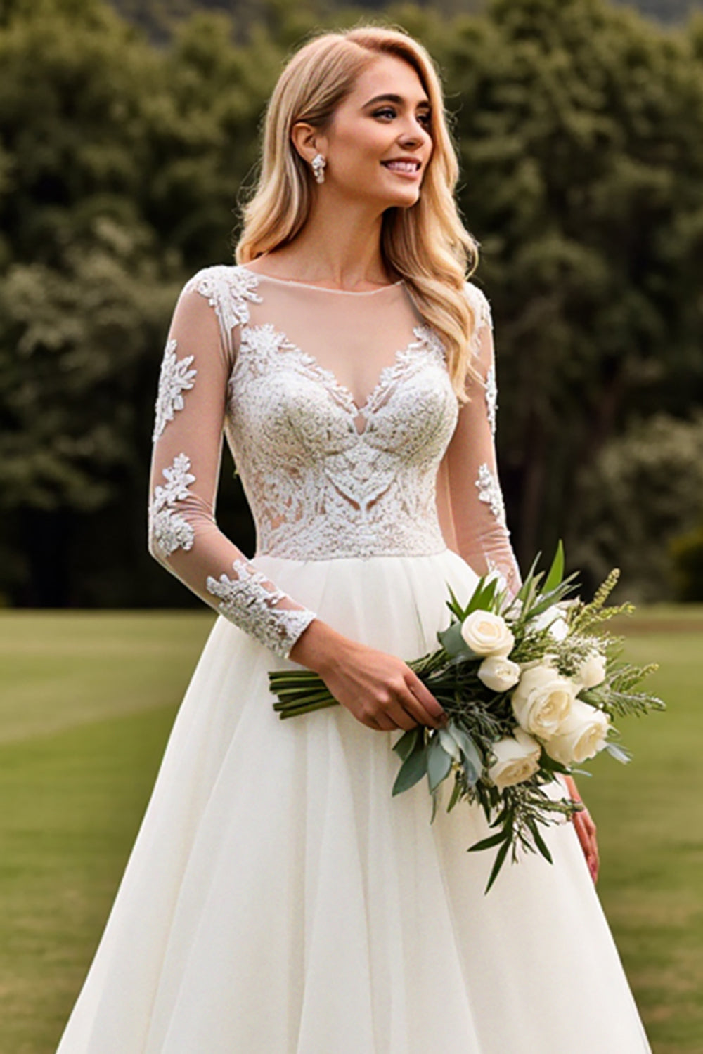 A Line Appliqued Long Sleeves lvory Wedding Dress