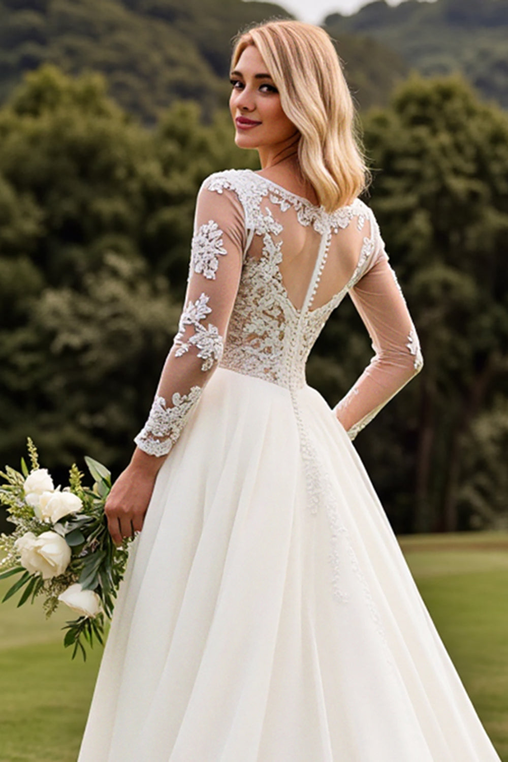 A Line Appliqued Long Sleeves lvory Wedding Dress