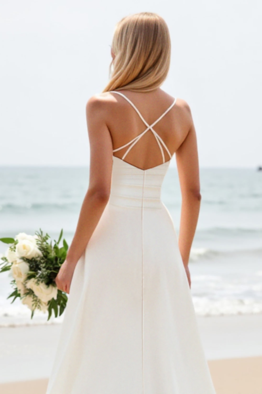 Simple White A-Line Spaghetti Straps Satin Long Bridal Dress