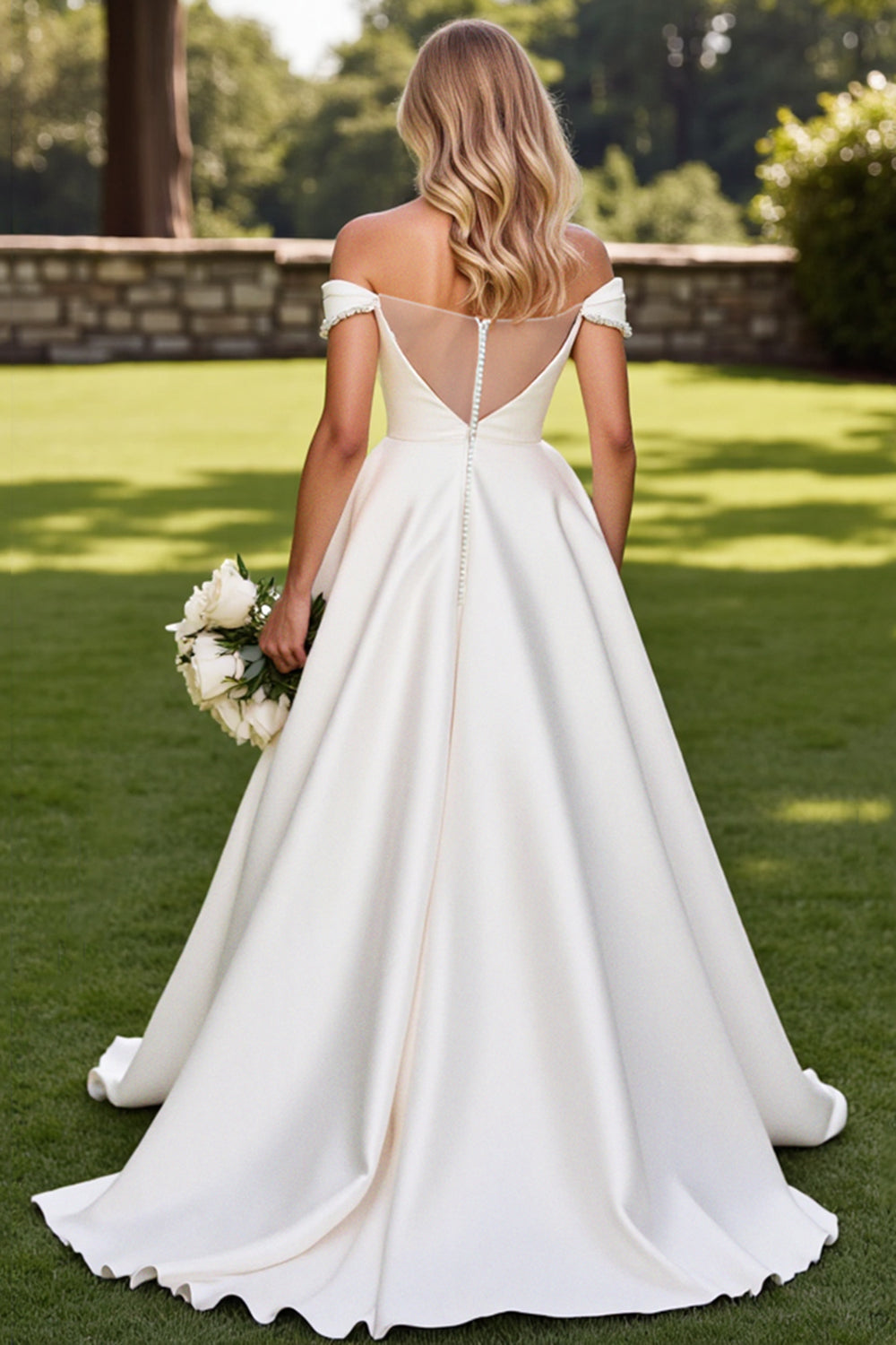 White A-Line Rhinestones Off The Shoulder Satin Long Bridal Dress